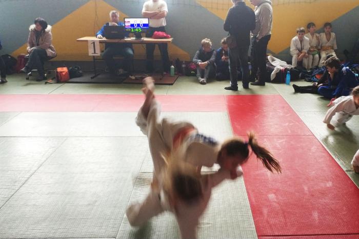 Turnaj olympijských nádejí v jude Martin 9.3.2019: zápas dievčat v kategórii mini do 31 kg na tatami pred počítačovou časomierou, rodičmi a pretekármi