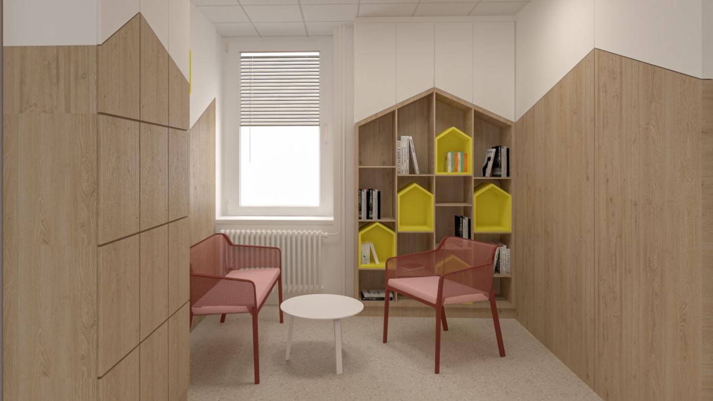 Vizuál premeny priestoru, ktorý nám poskytla Detská nemocnica priamo na klinike: teda na vytvorenie knižnice s nábytkom na mieru