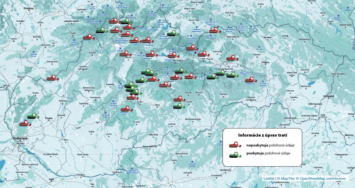 Mapka zobrazujúca približnú polohu organizácií upravujúcich trate pre bežecké lyžovanie