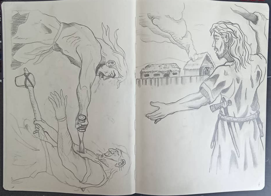 Skice ilustrácií k poviedke o dobe bronzovej