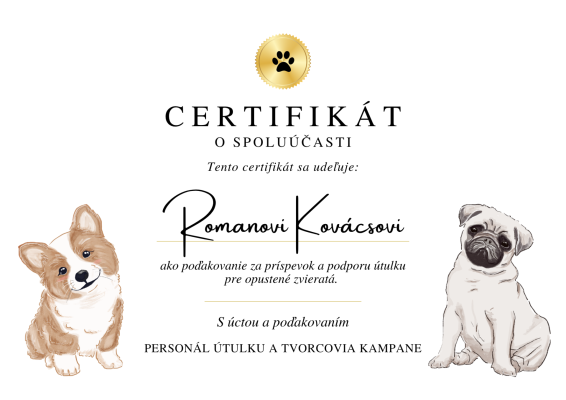 Certifikát: doklad o podporení psíkov