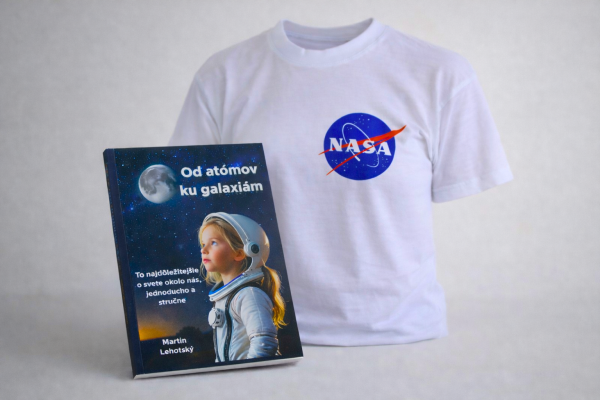 Kniha „Od atómov ku galaxiám“ spolu s bielym tričkom NASA, s dopravou.