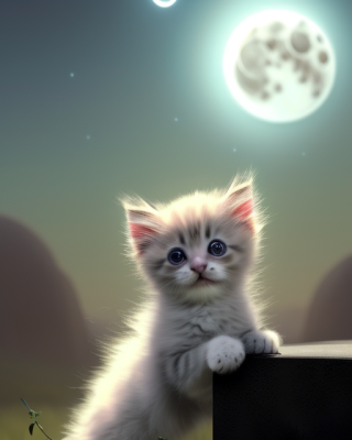 Dobrý pocit a AI zátišie s mačkou, ktorá pri svite mesiaca podpisuje petíciu