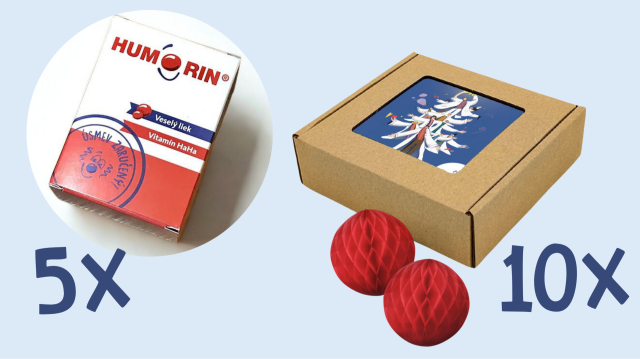 10x Krabička vianočných ozdôb so silou meniť svet a 5x HUMORIN - liek proti zlej nálade
